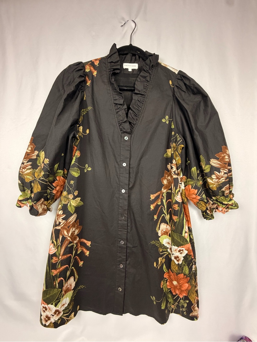 entro NWT Black Floral Button-Front Mini Dress with Ruffle Trim